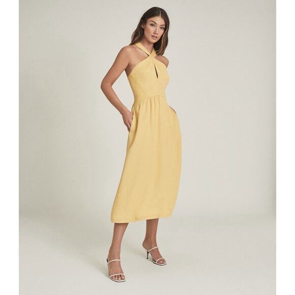 NWT Reiss Orla Mustard Yellow Criss Cross Halter Midi Dress US 2 - Picture 1 of 10